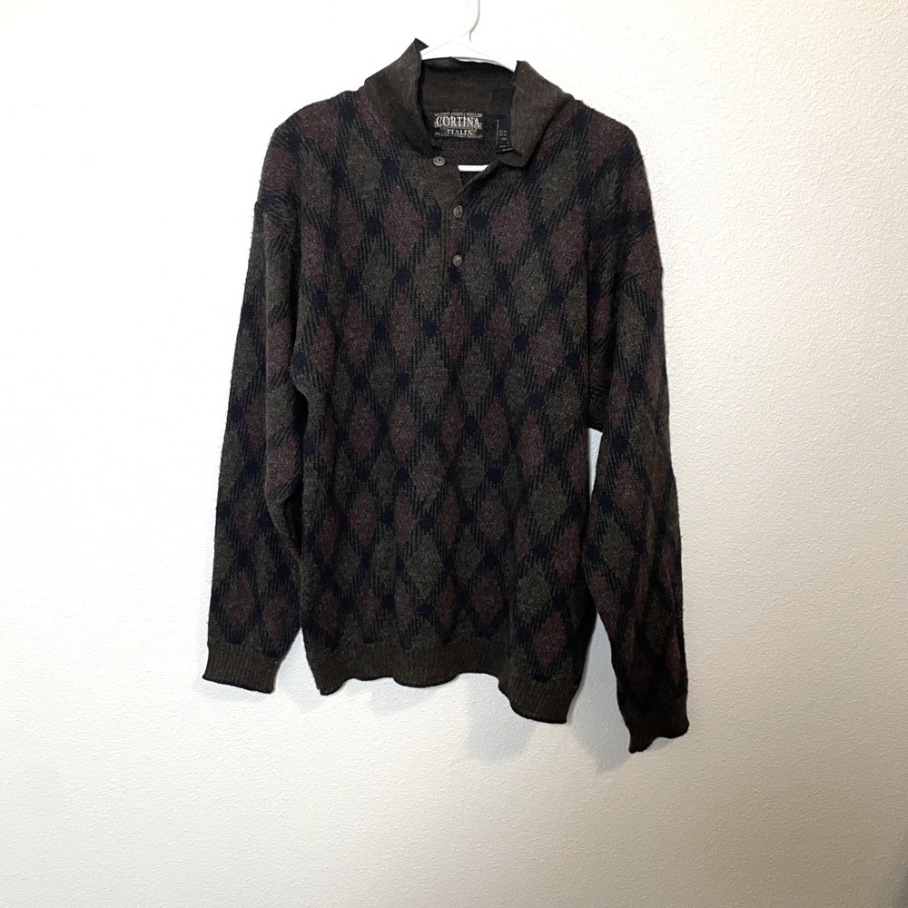 VTG Cortina Italia‎ Mens Large Argyle Button Neck Sweater Wool Made in Italy